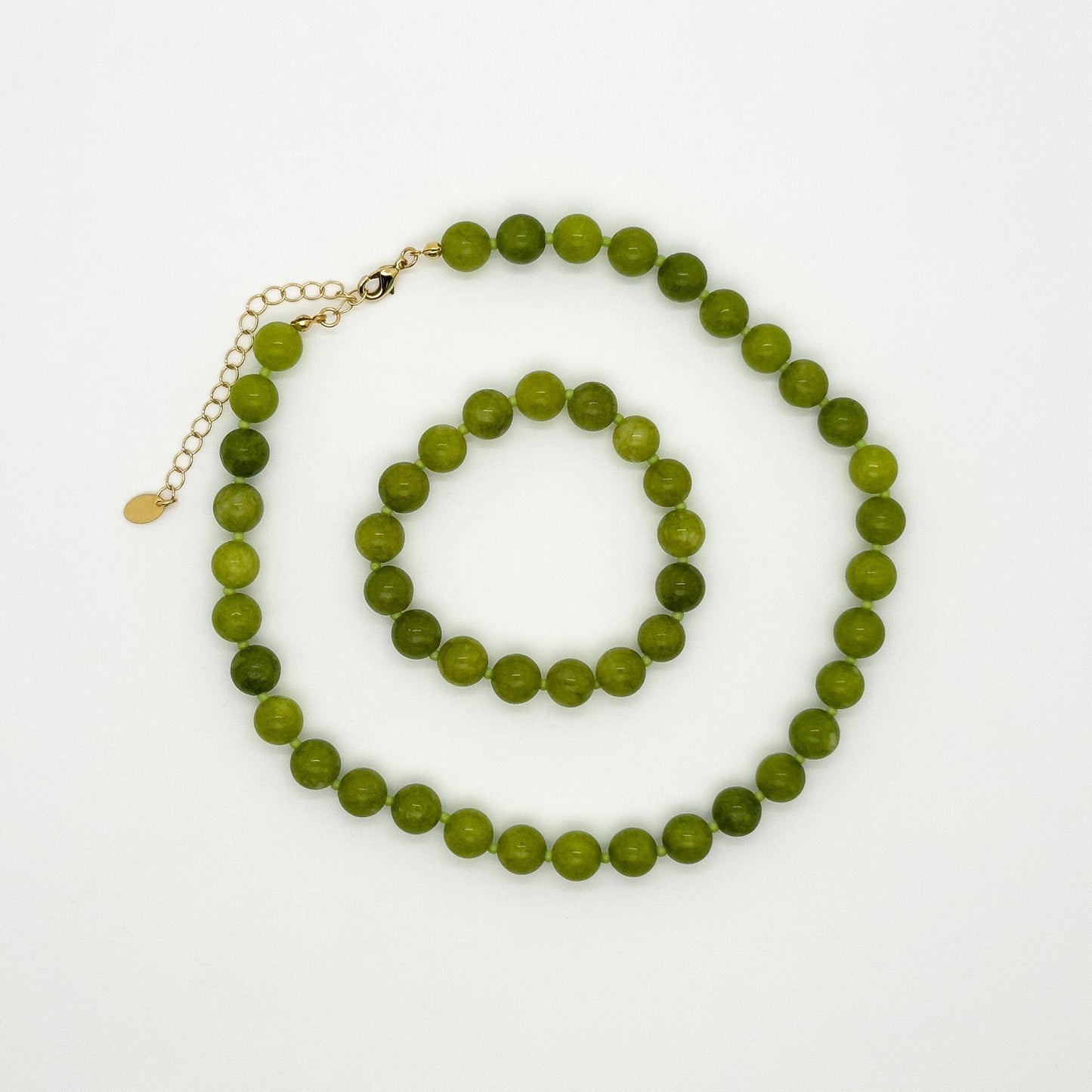 Art Deco Green Stone Beaded Necklace with Matching Bracelet Set