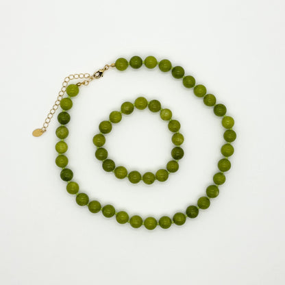 Art Deco Green Stone Beaded Necklace with Matching Bracelet Set