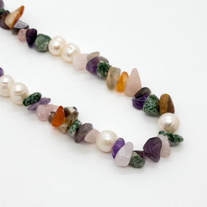 Art Deco Colourful Gemstone Beaded Necklace with Pearl Accents