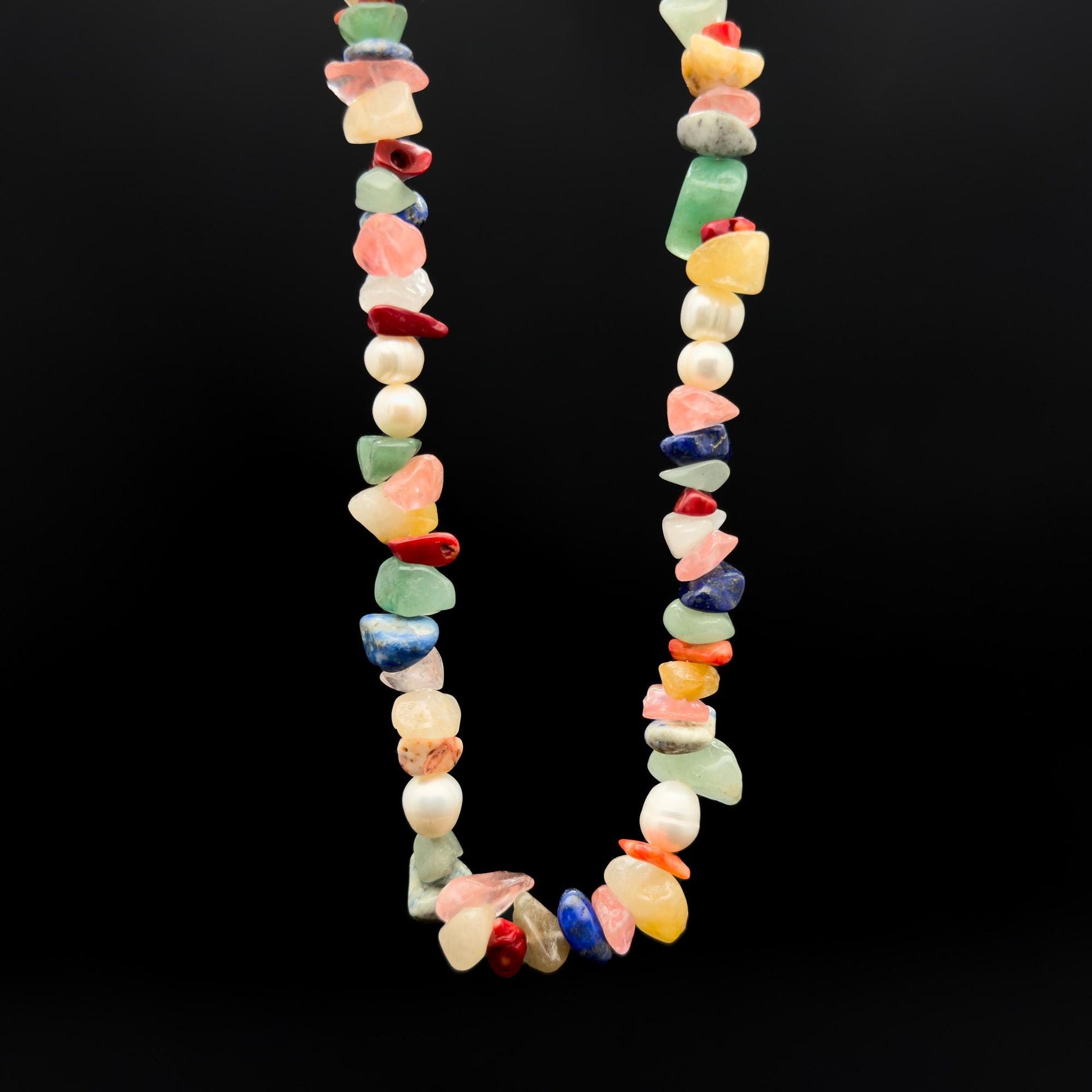 Art Deco Colourful Gemstone Beaded Necklace with Pearl Accents