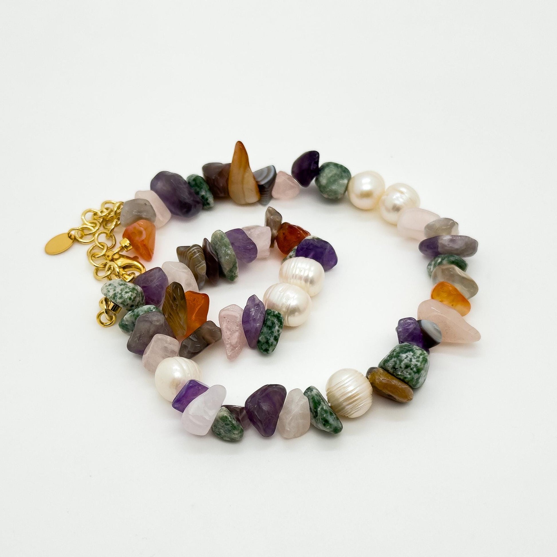 Art Deco Colourful Gemstone Beaded Necklace with Pearl Accents