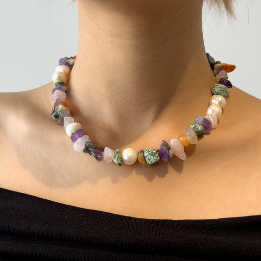 Art Deco Colourful Gemstone Beaded Necklace with Pearl Accents