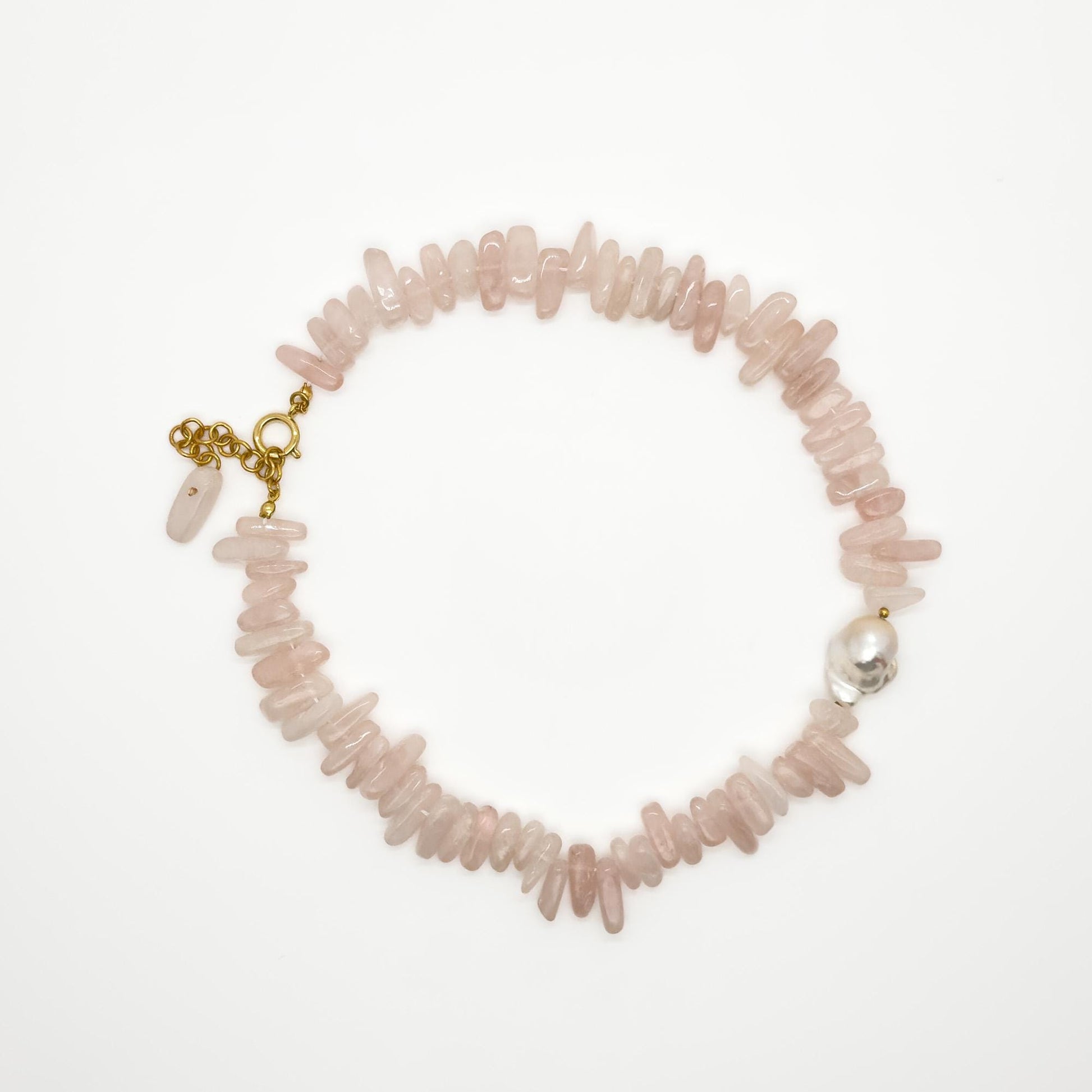 Handmade Art Deco Pink Gemstone Pearl Beaded Necklace 45cm Extender