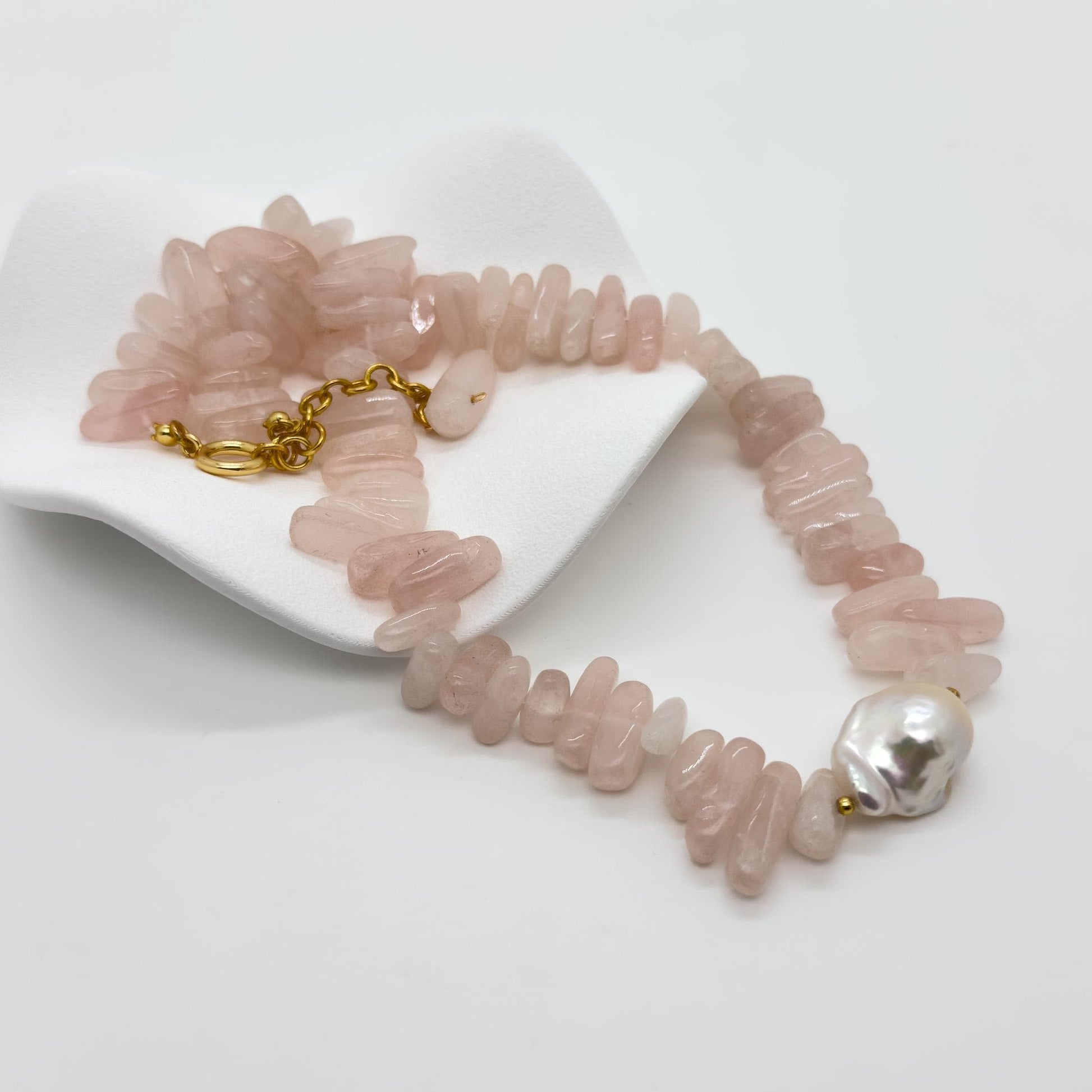 Handmade Art Deco Pink Gemstone Pearl Beaded Necklace 45cm Extender