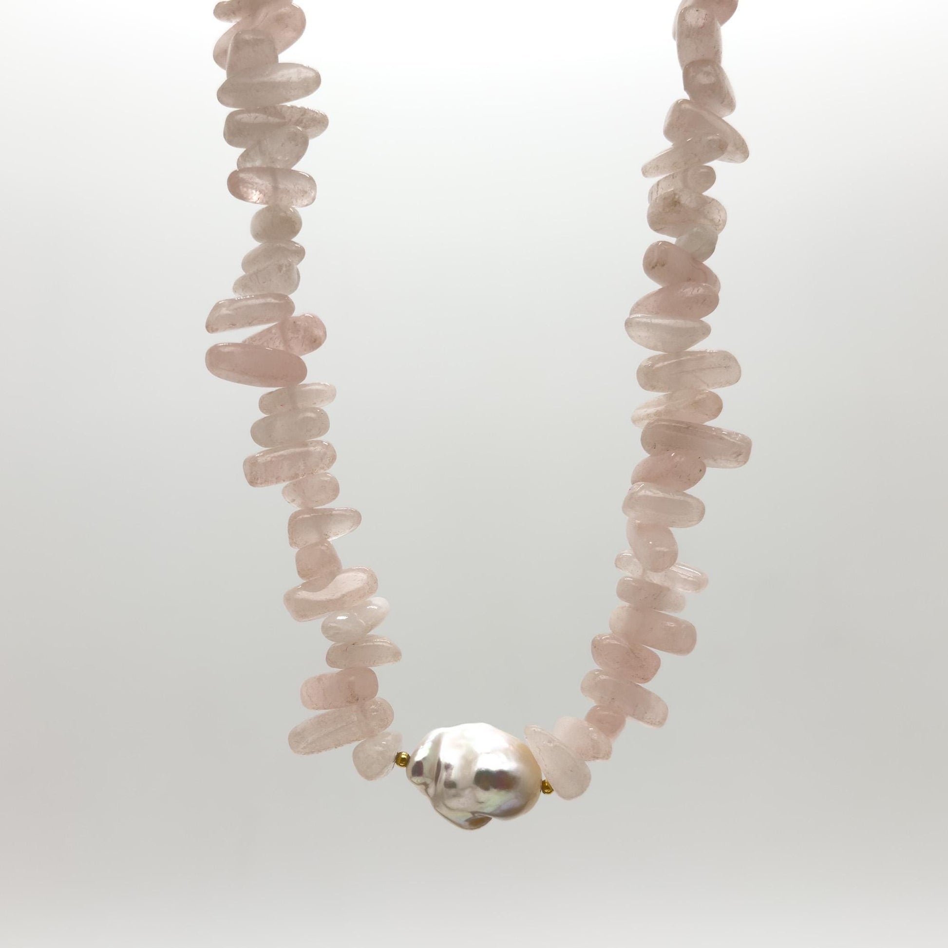 Handmade Art Deco Pink Gemstone Pearl Beaded Necklace 45cm Extender