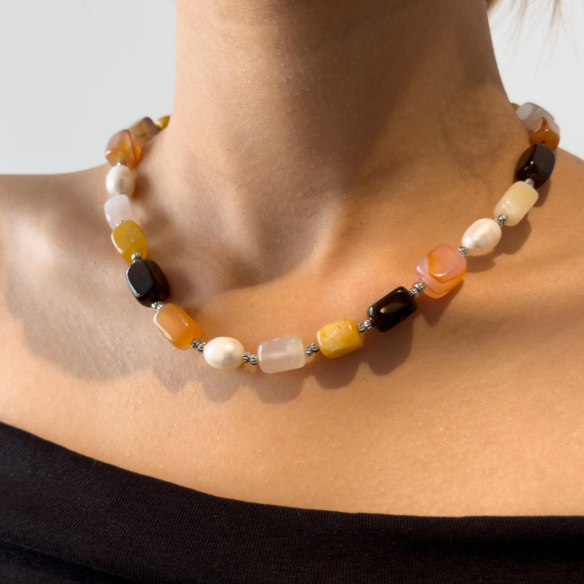 Vintage Art Deco Beaded Agate Pearl Necklace 40cm Handmade Gift