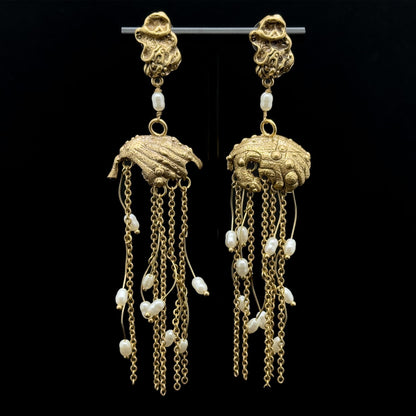 Art Deco Boho Long Tassel Shell & Copper Drop Earrings