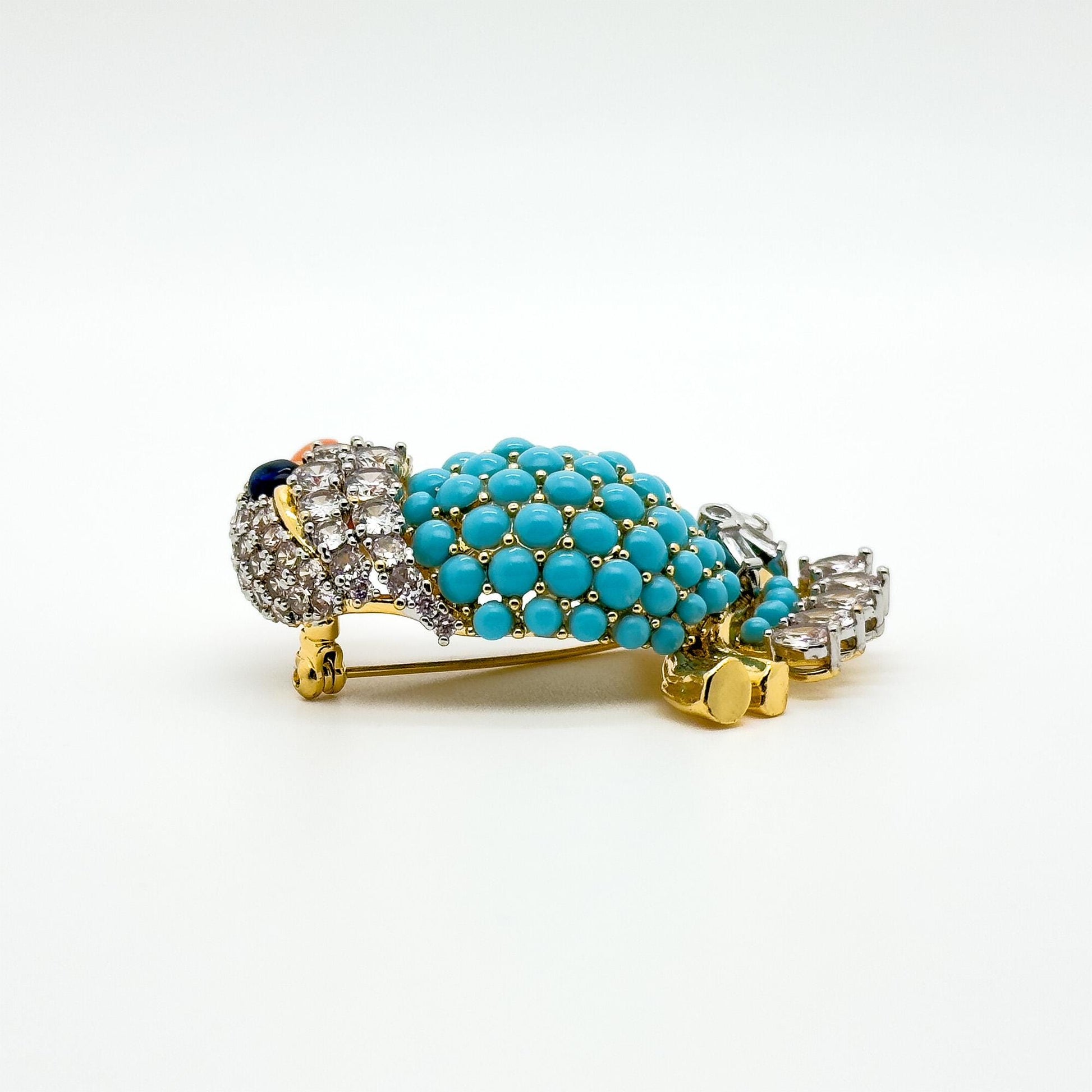 Vintage Turquoise Bird Brooch Copper Stone Zircon Handmade Gift Pin