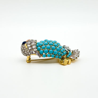 Vintage Turquoise Bird Brooch Copper Stone Zircon Handmade Gift Pin