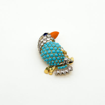 Vintage Turquoise Bird Brooch Copper Stone Zircon Handmade Gift Pin