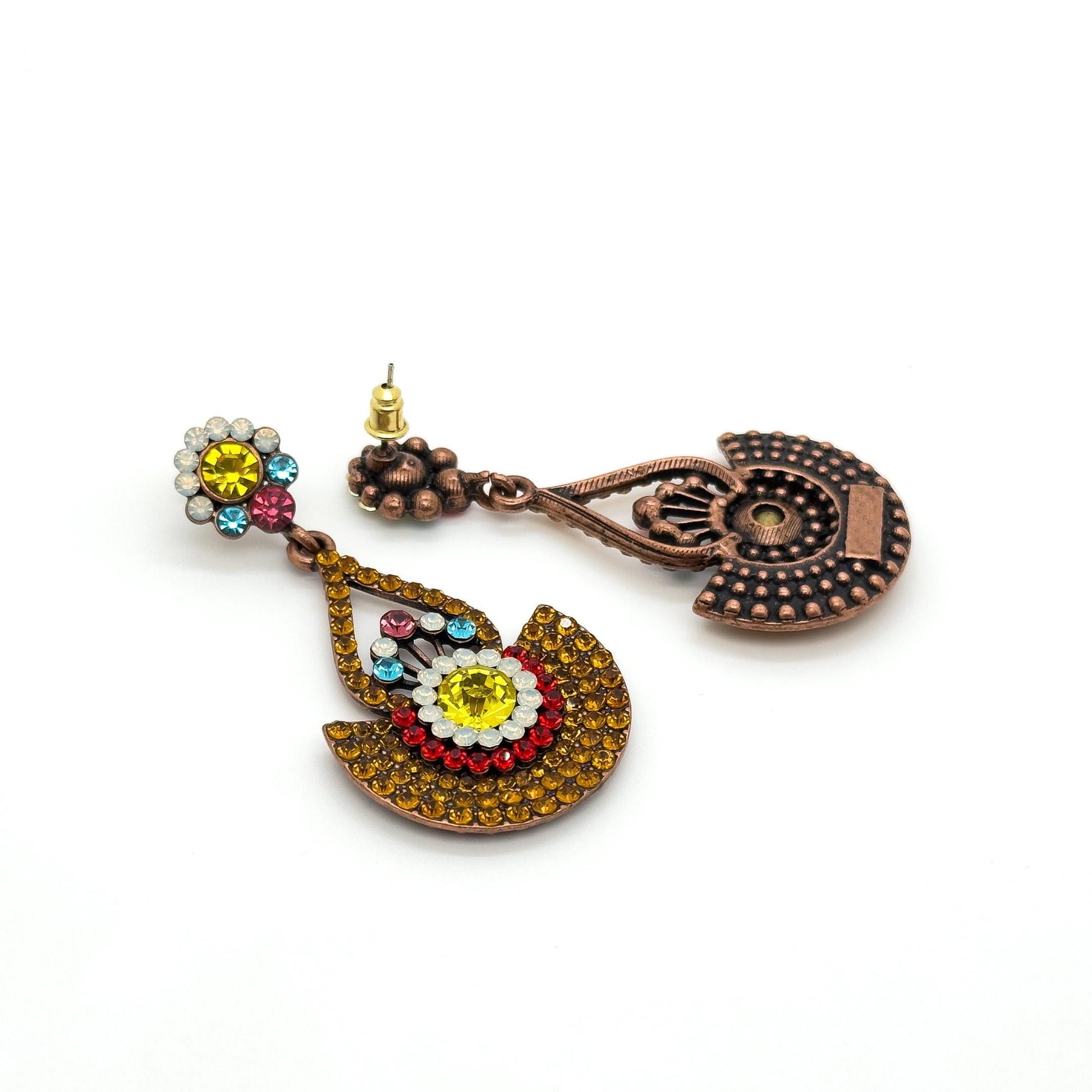 Vintage Sunflower Copper Zircon Stud Earrings Art Deco Large