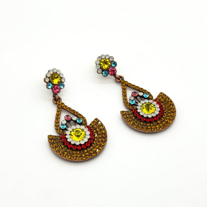 Vintage Sunflower Copper Zircon Stud Earrings Art Deco Large