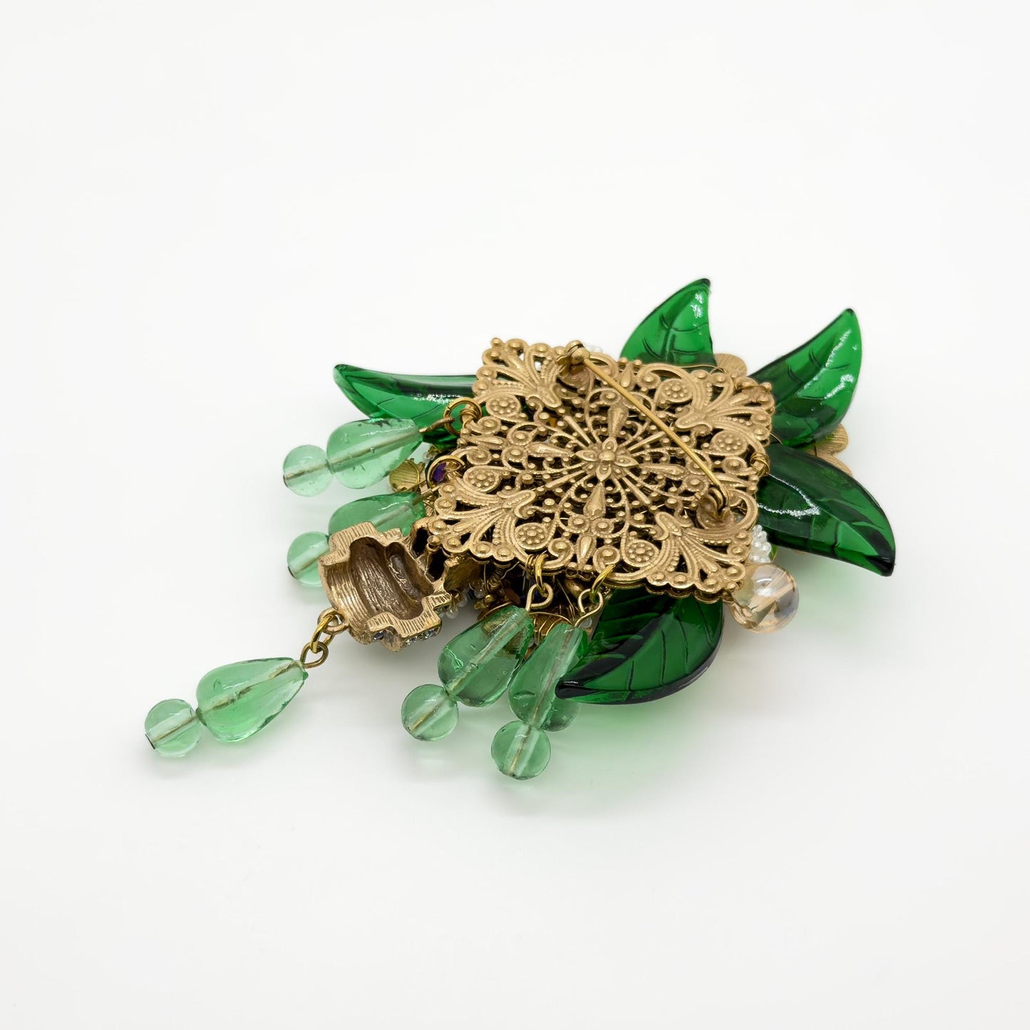 Large Art Deco Flower Brooch Beaded Rhinestone Crystal Woven Pin