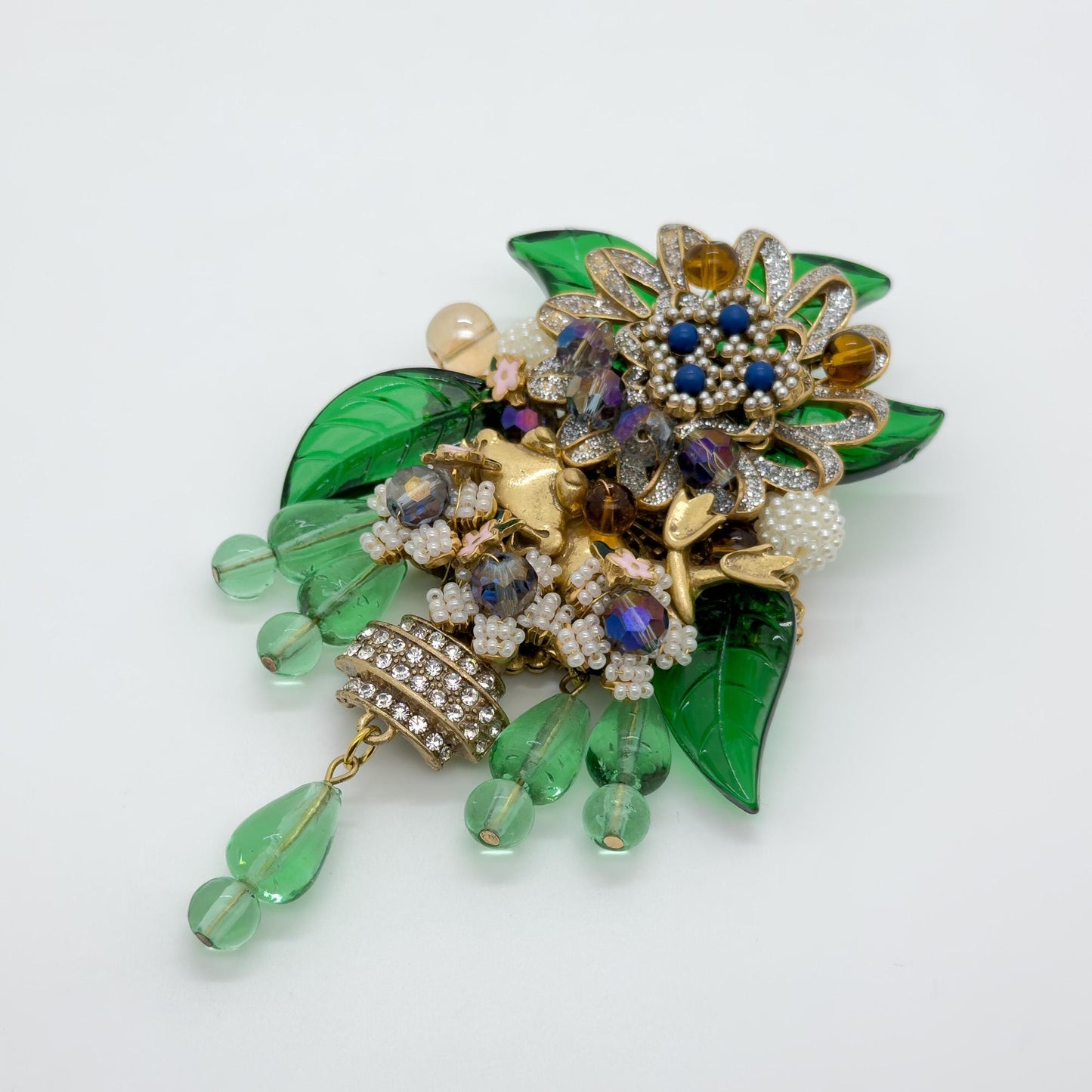 Large Art Deco Flower Brooch Beaded Rhinestone Crystal Woven Pin