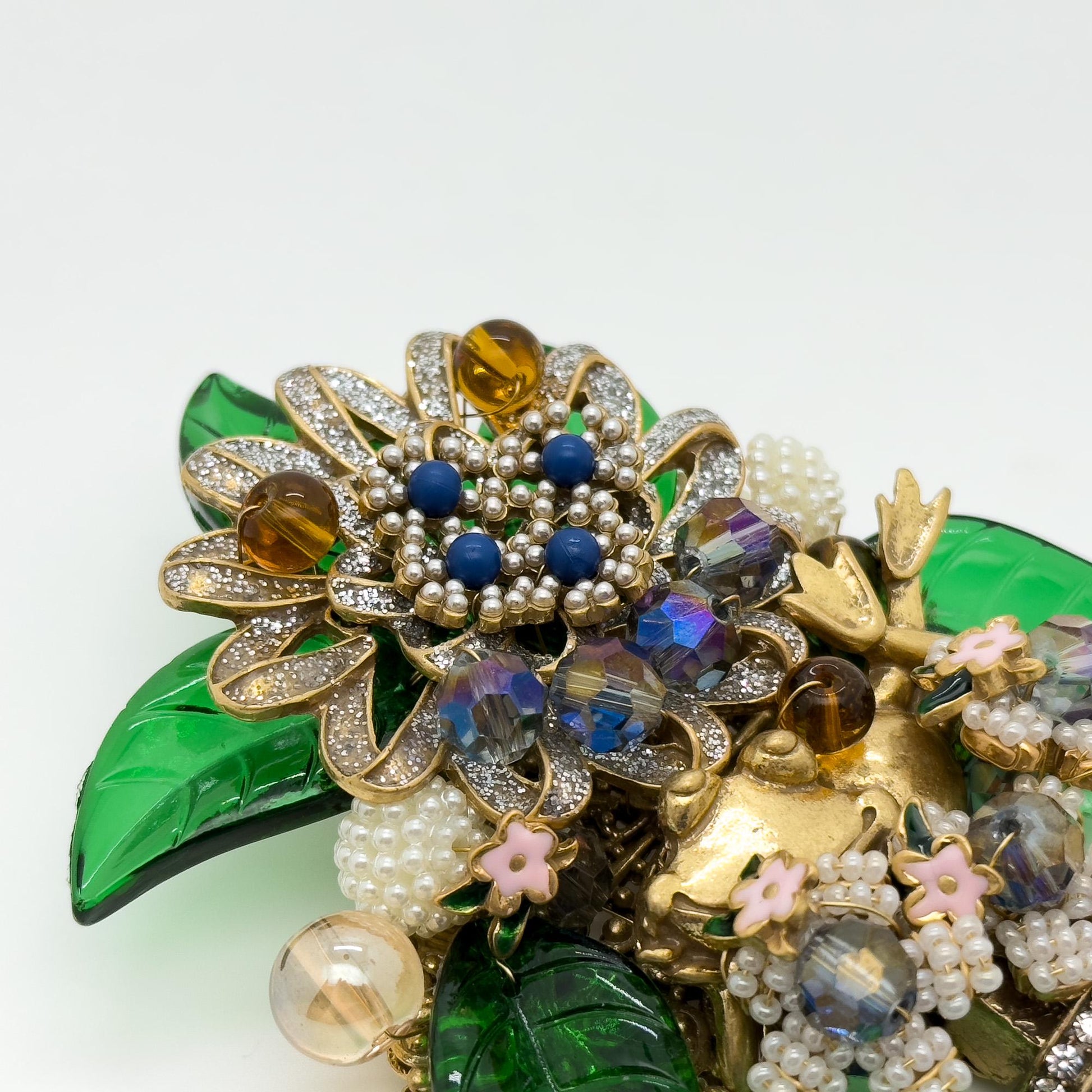 Large Art Deco Flower Brooch Beaded Rhinestone Crystal Woven Pin