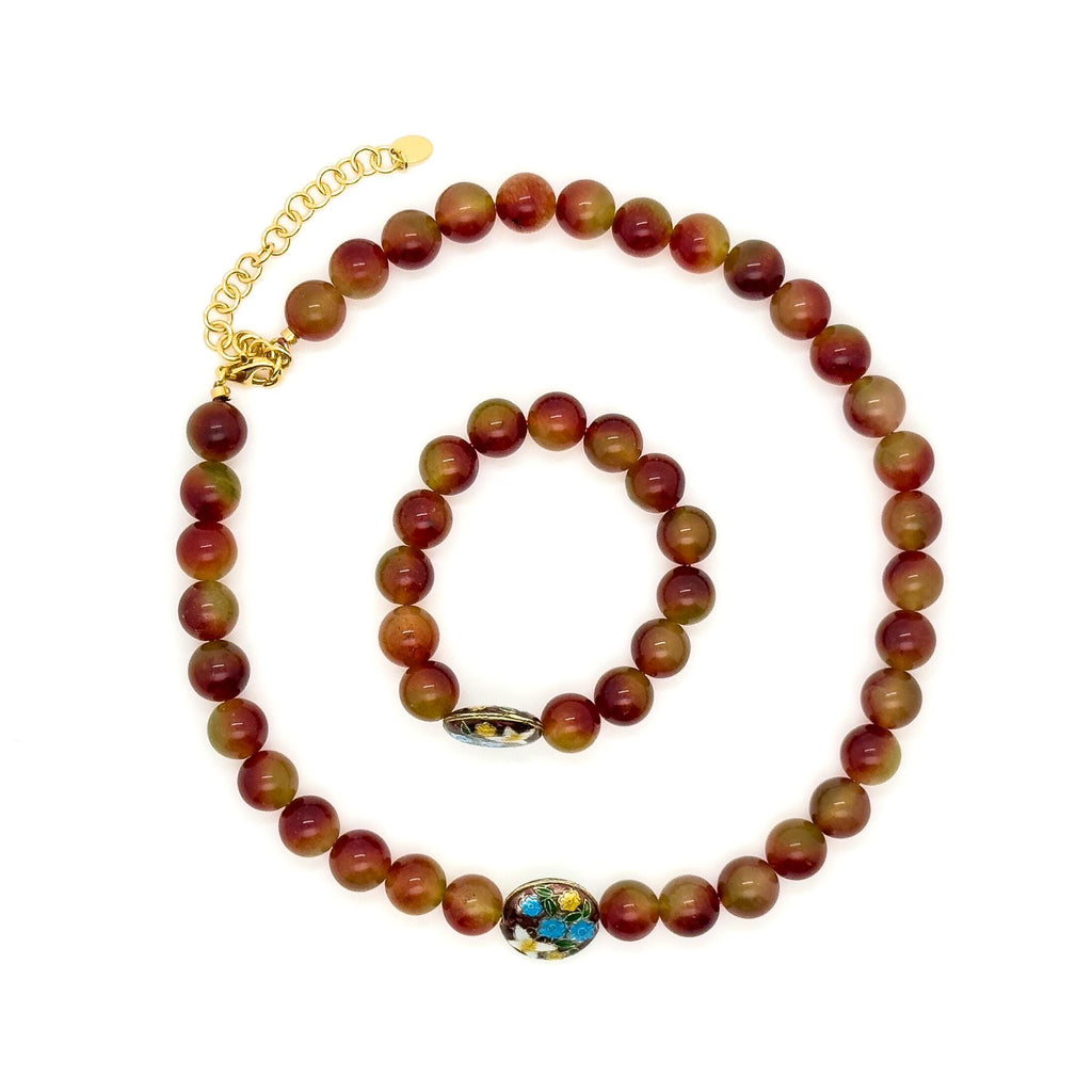 Vintage Art Deco Beaded Gemstone Necklace and Bracelet Set