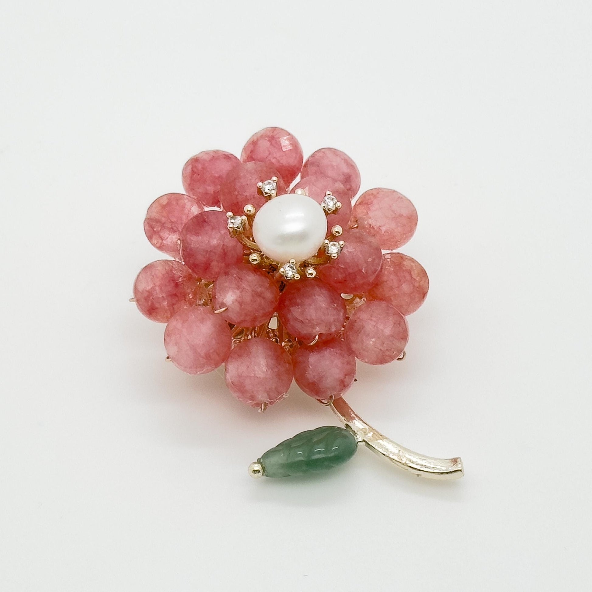 Handmade Pink Stone Flower Brooch with Pearl Copper Pin