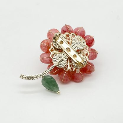Handmade Pink Stone Flower Brooch with Pearl Copper Pin