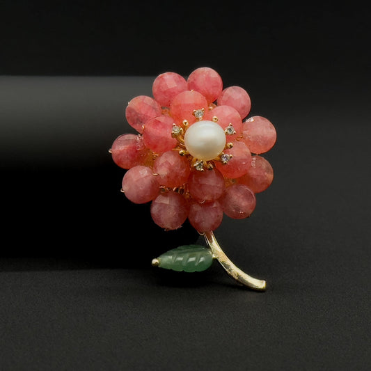Handmade Pink Stone Flower Brooch with Pearl Copper Pin