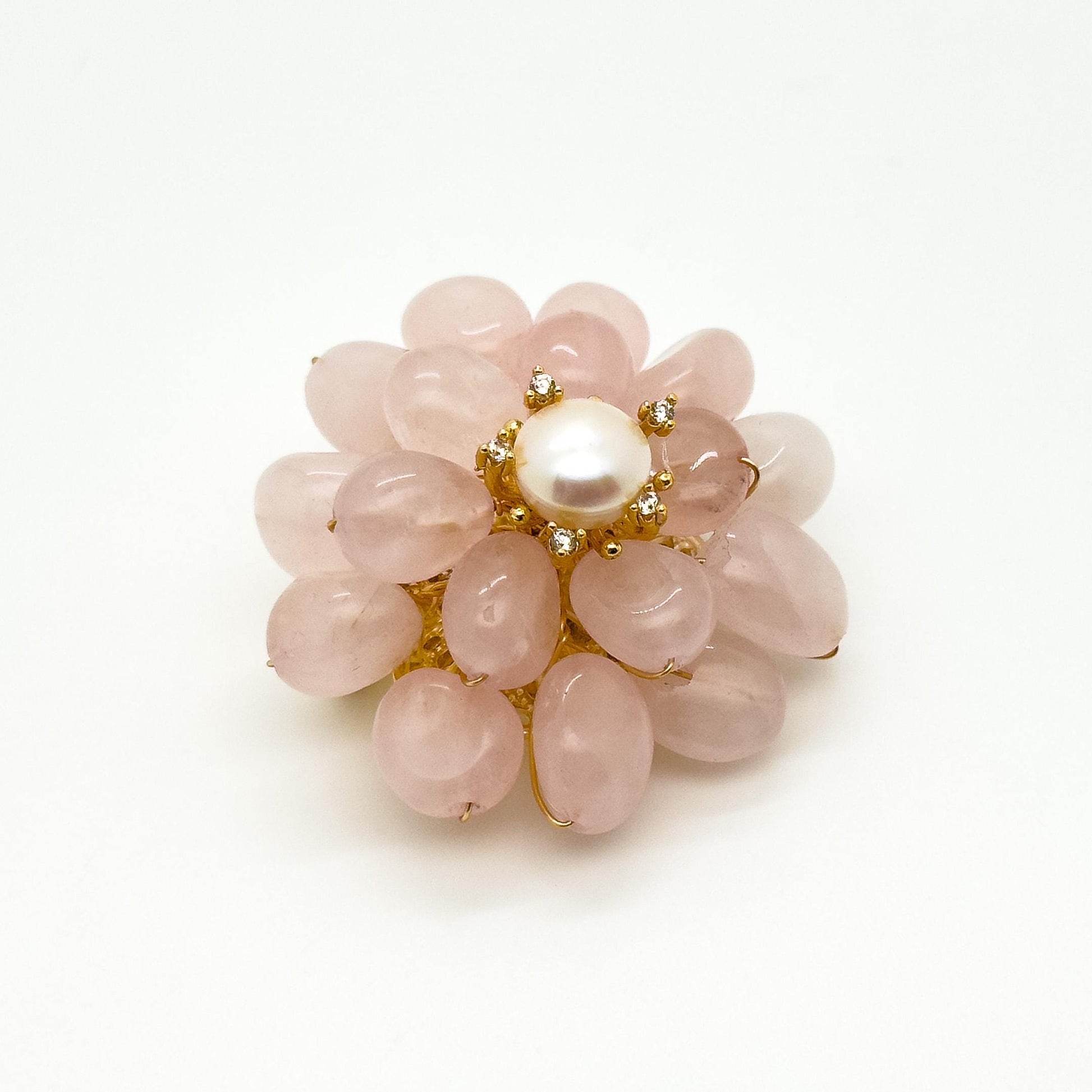 Handmade Pink Stone Flower Brooch with Pearl Copper Pin