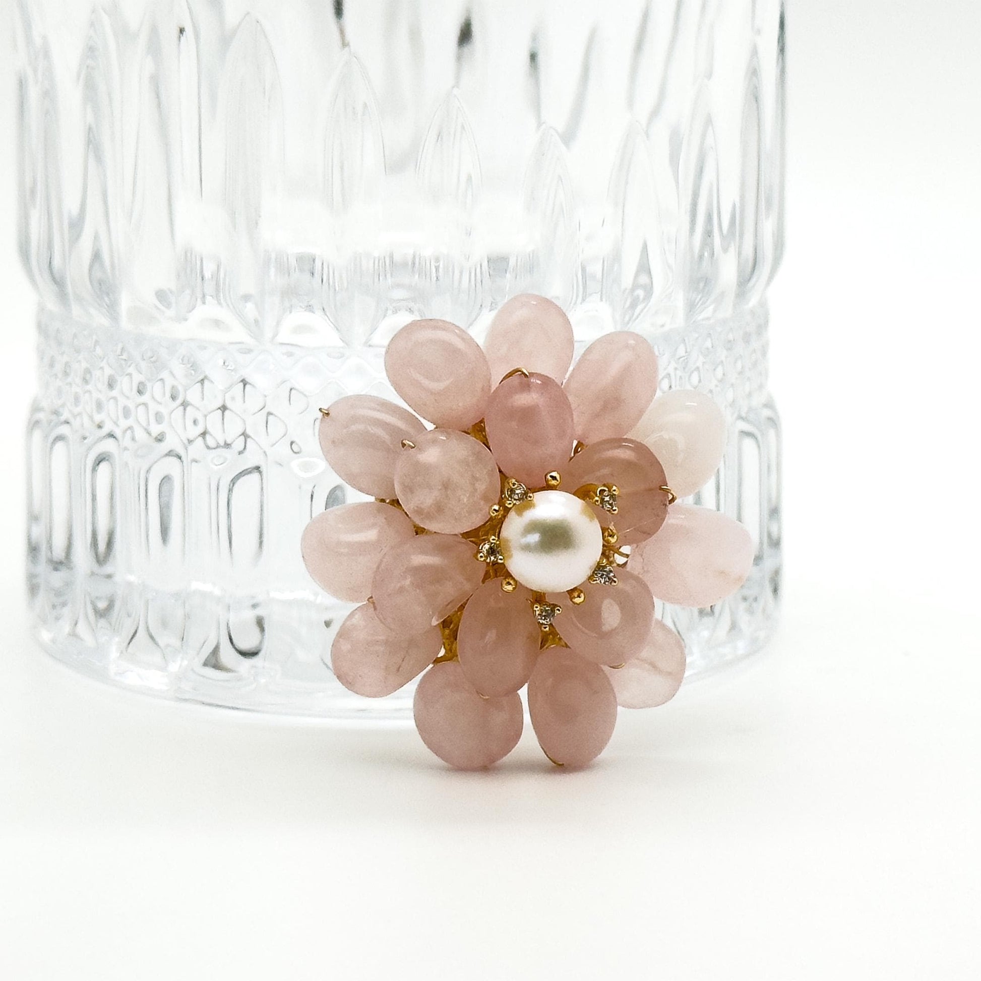 Handmade Pink Stone Flower Brooch with Pearl Copper Pin