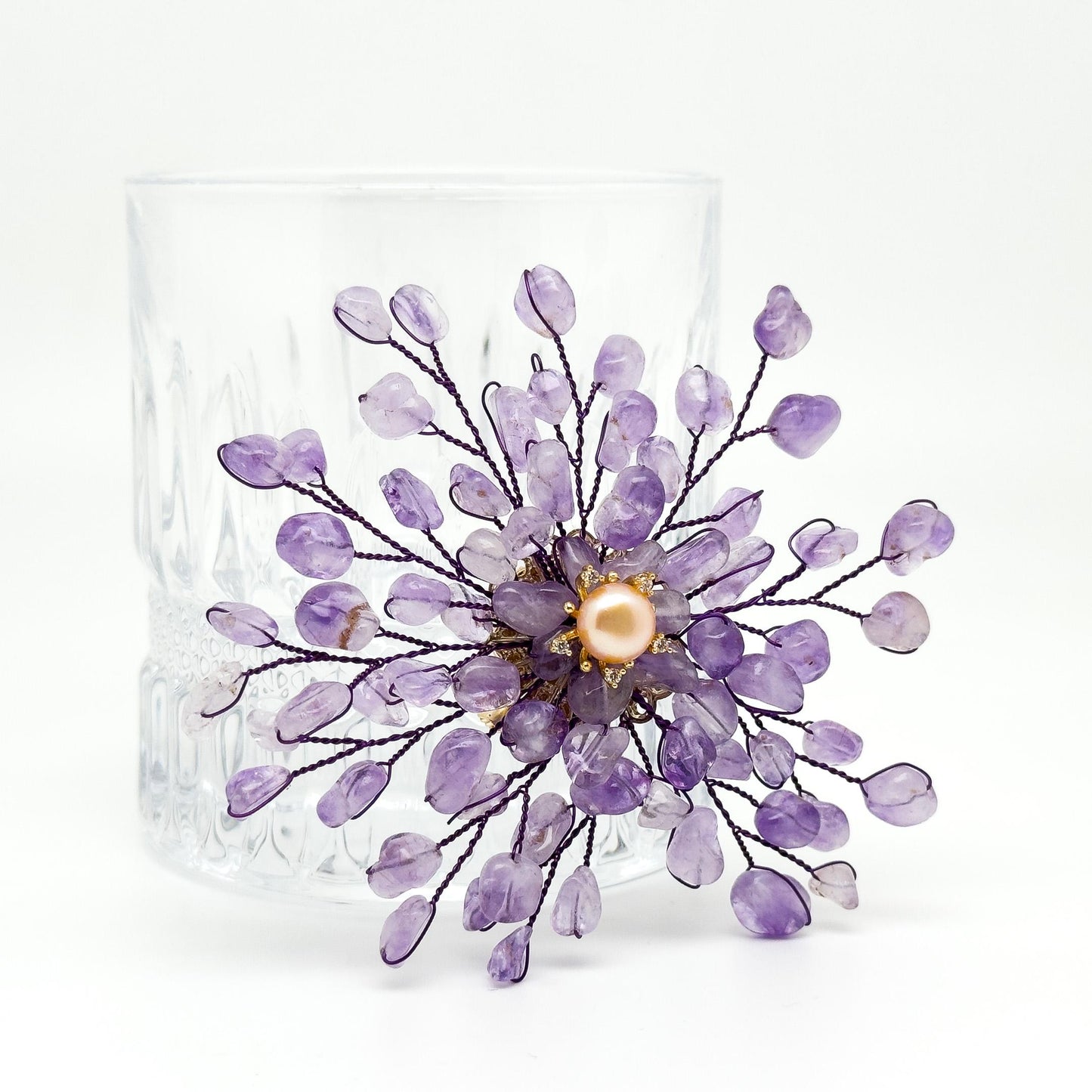 Handmade Purple Crystal Brooch with Pearl Accents and Copper Setting