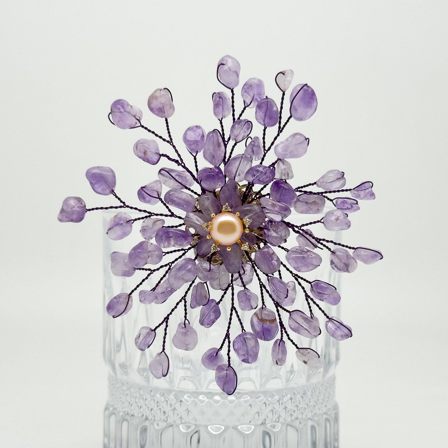 Handmade Purple Crystal Brooch with Pearl Accents and Copper Setting