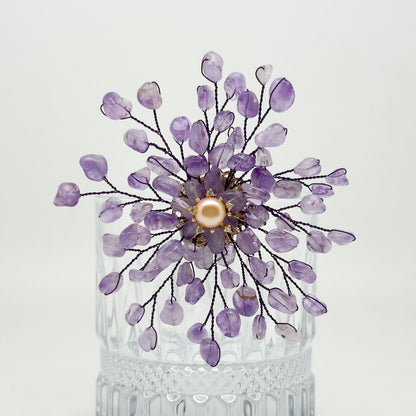 Handmade Purple Crystal Brooch with Pearl Accents and Copper Setting