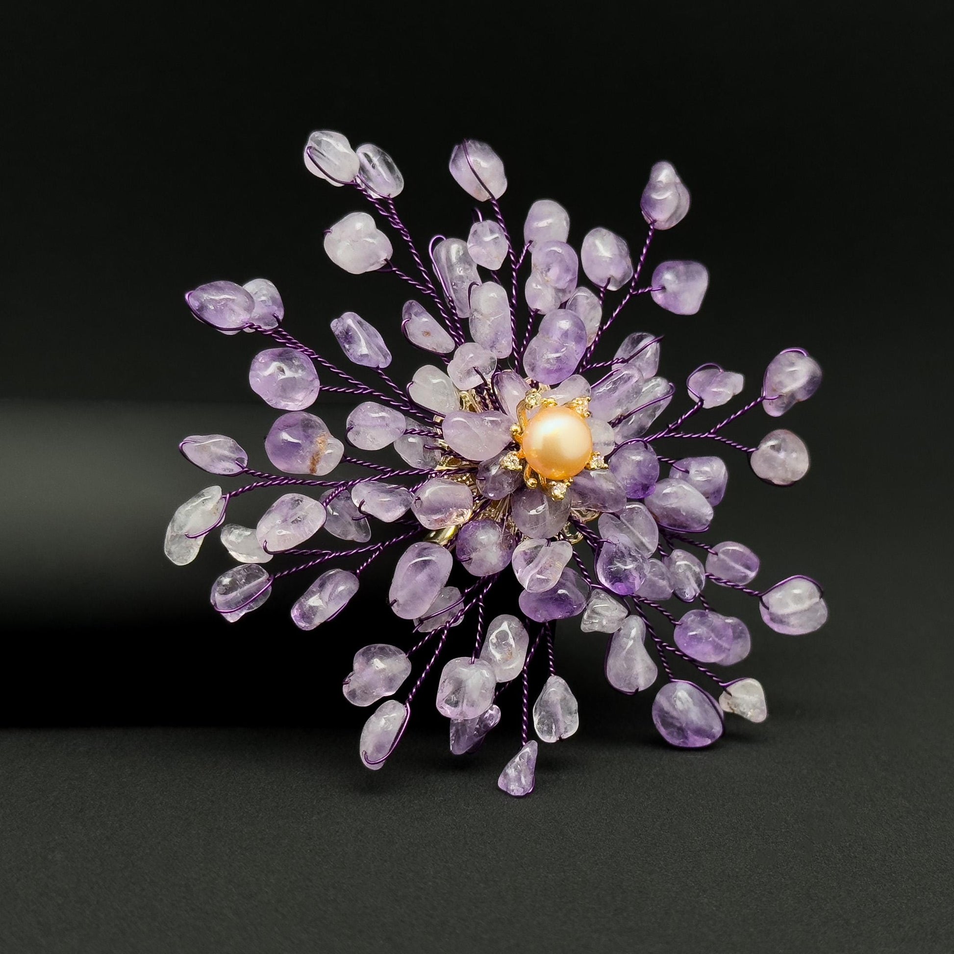 Handmade Purple Crystal Brooch with Pearl Accents and Copper Setting