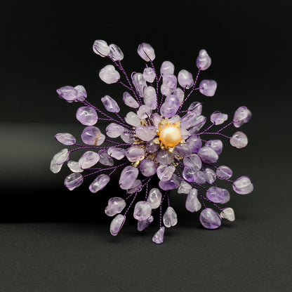 Handmade Purple Crystal Brooch with Pearl Accents and Copper Setting