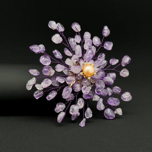 Handmade Purple Crystal Brooch with Pearl Accents and Copper Setting
