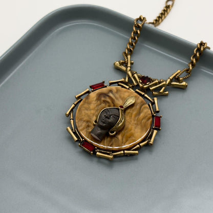 Art Deco Vintage Portrait Pendant Necklace with Zircon Copper