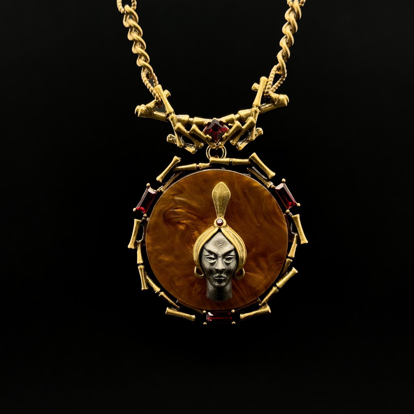 Art Deco Vintage Portrait Pendant Necklace with Zircon Copper