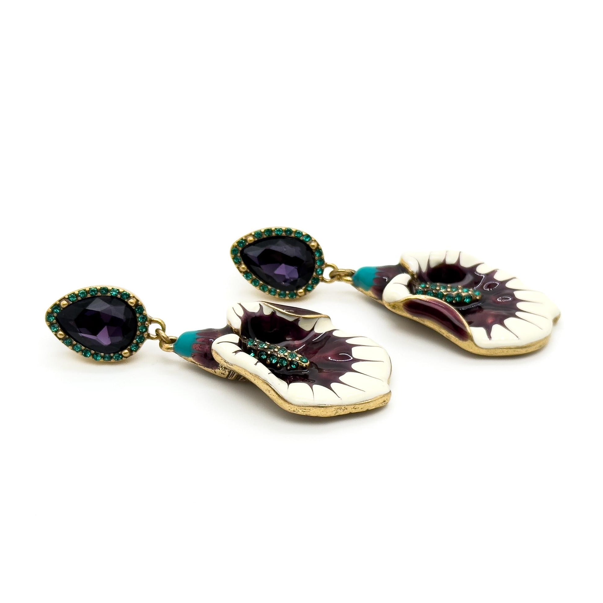 Vintage Art Deco Morning Glory Drop Earrings Purple Enamel