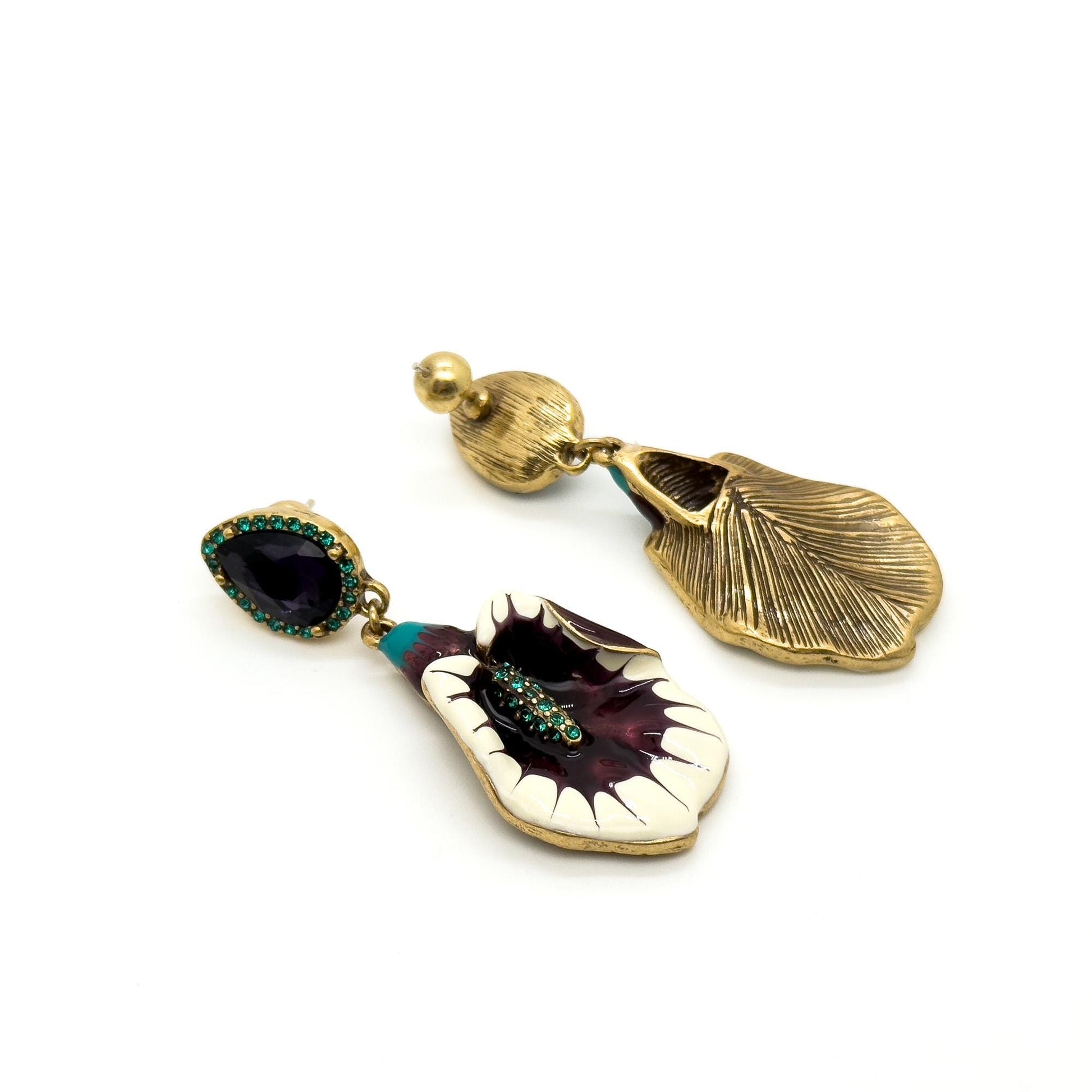 Vintage Art Deco Morning Glory Drop Earrings Purple Enamel