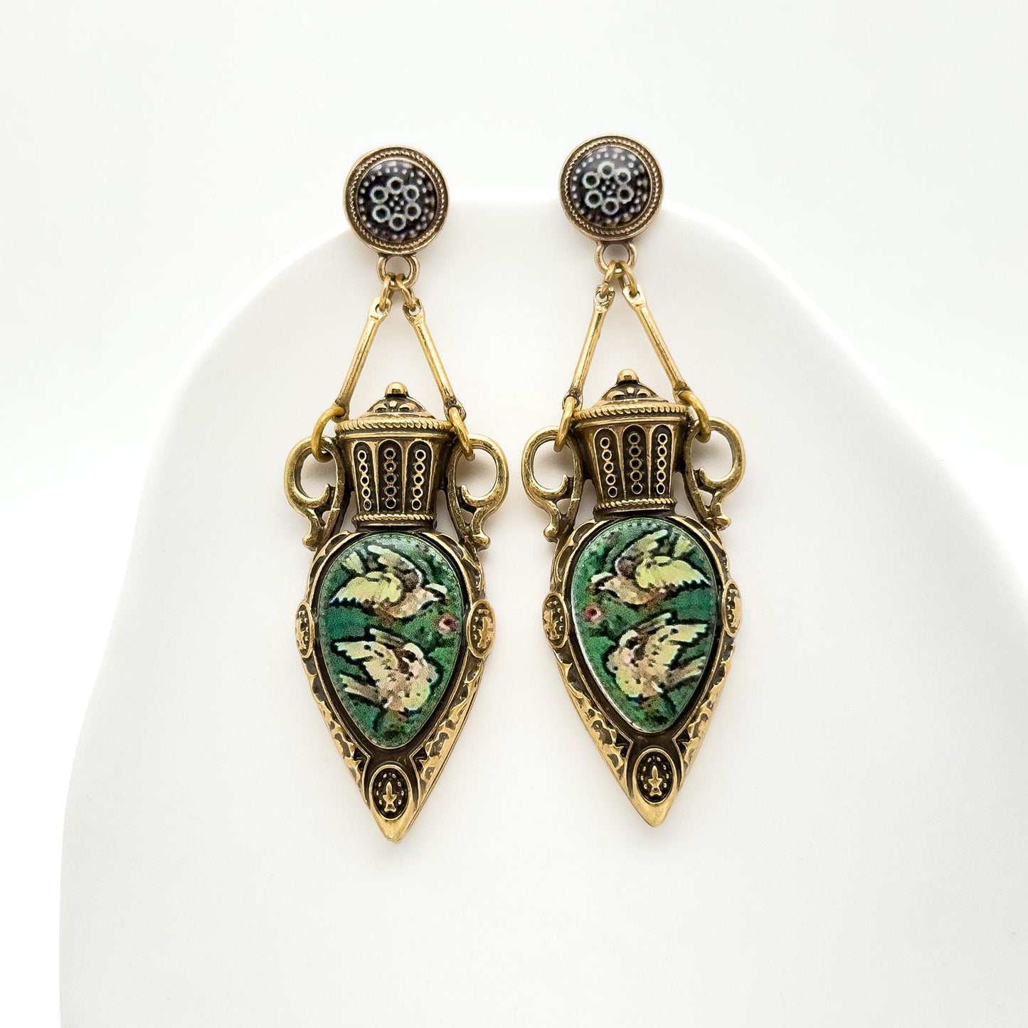 Vintage Art Deco Copper Pigeon Pendant Necklace and Earrings Set