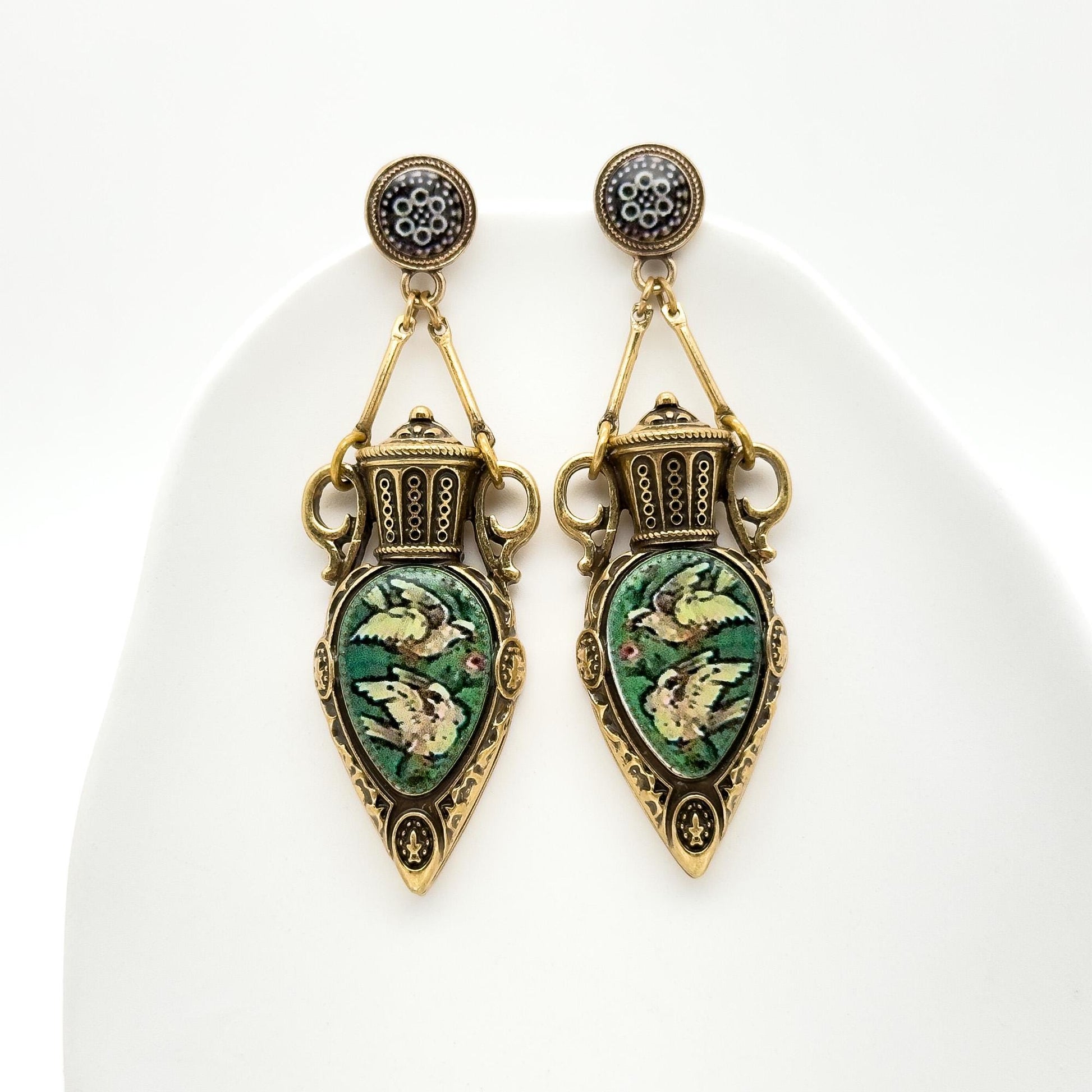 Vintage Art Deco Copper Pigeon Pendant Necklace and Earrings Set