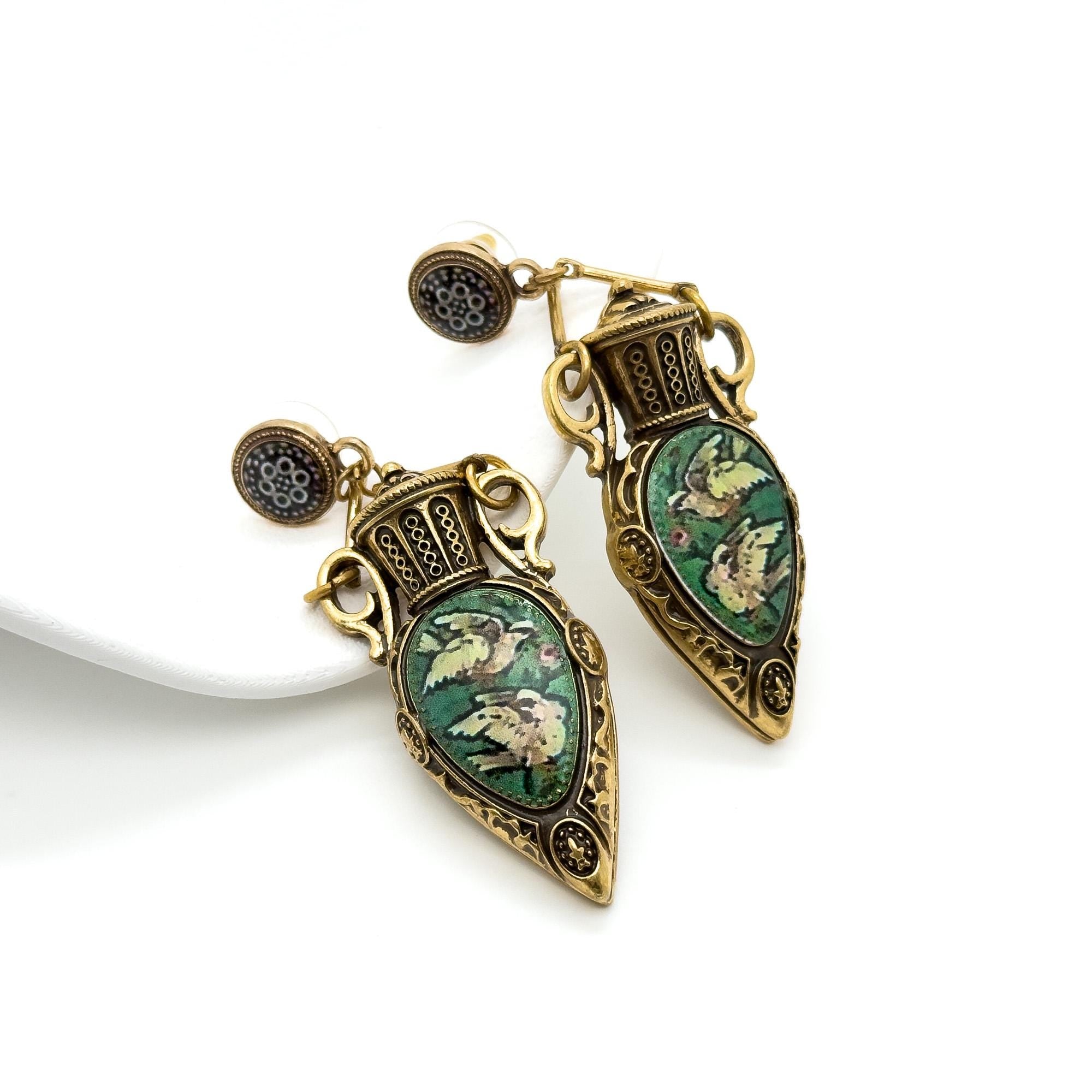 Vintage Art Deco Copper Pigeon Pendant Necklace and Earrings Set