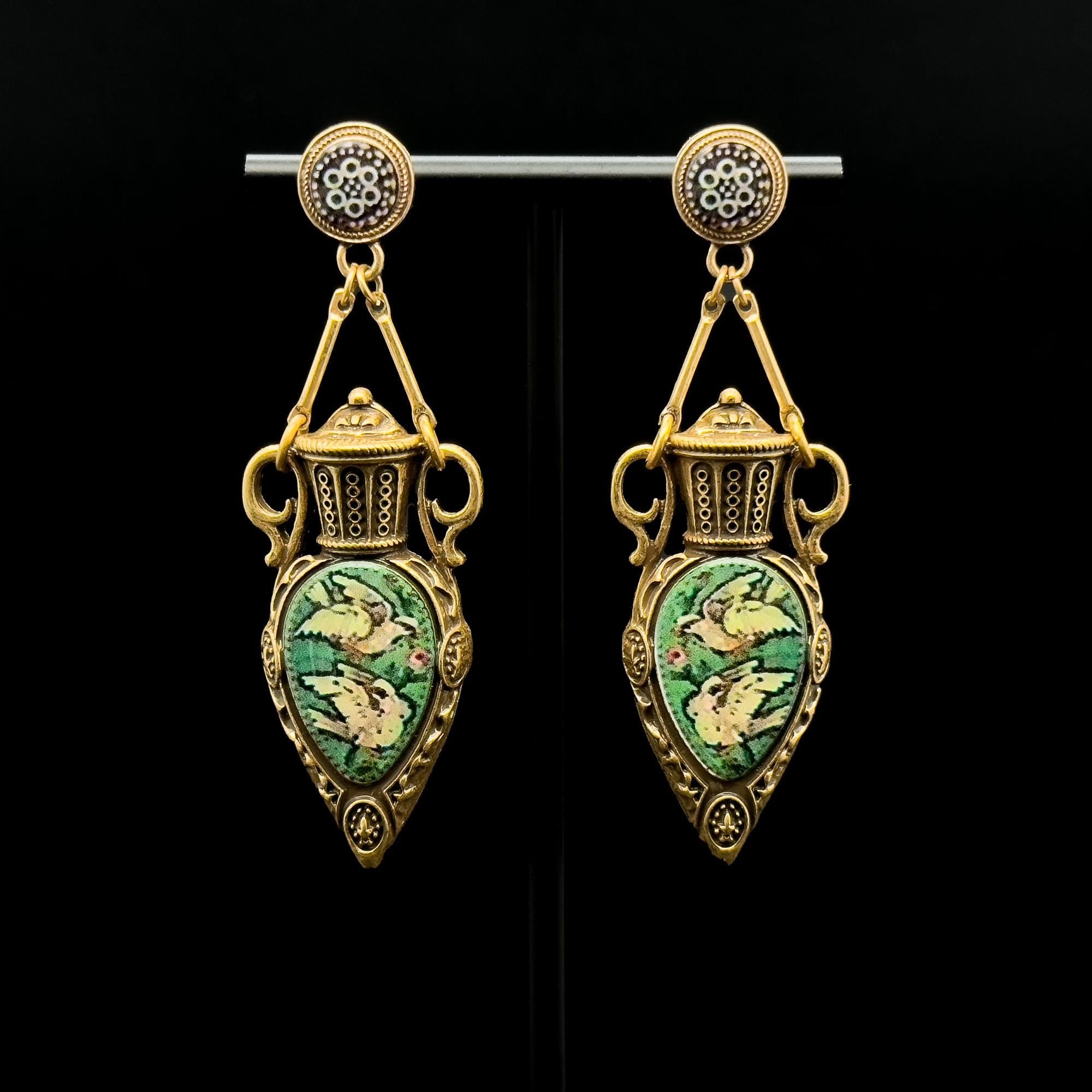 Vintage Art Deco Copper Pigeon Pendant Necklace and Earrings Set