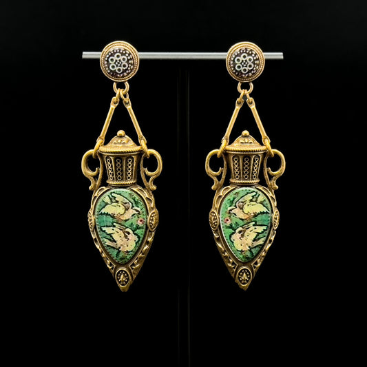 Vintage Art Deco Copper Pigeon Pendant Necklace and Earrings Set