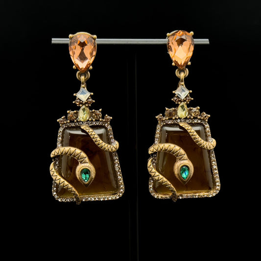 Vintage Art Deco Snake Zircon Resin Copper Statement Stud Earrings