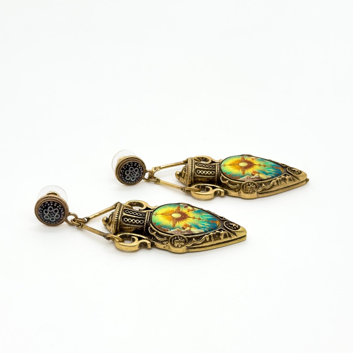 Vintage Art Deco Resin Copper Sun Pendant Earrings Set