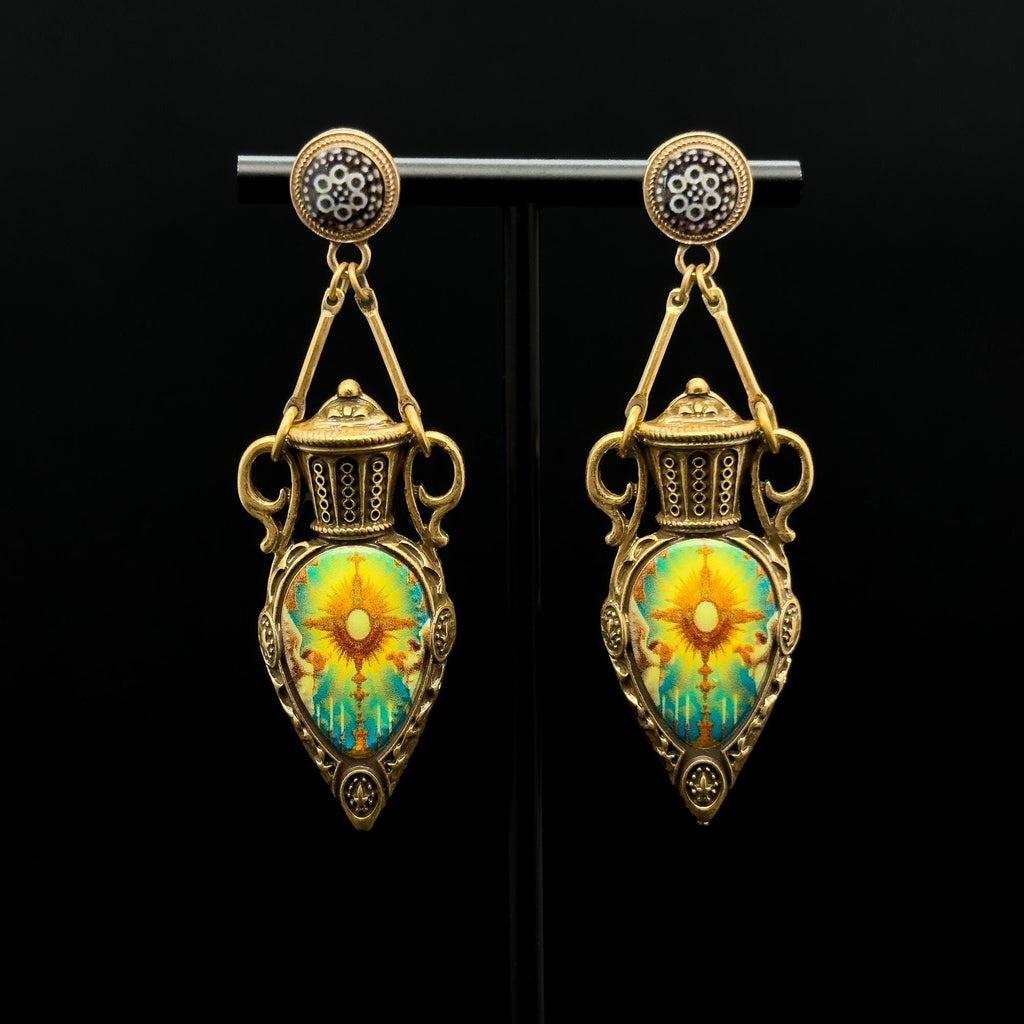 Vintage Art Deco Resin Copper Sun Pendant Earrings Set