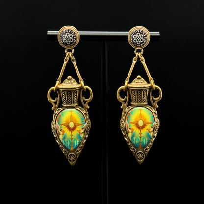 Vintage Art Deco Resin Copper Sun Pendant Earrings Set