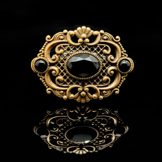 Art Deco Black Crystal Leaf Brooch Vintage Copper Glass Pin