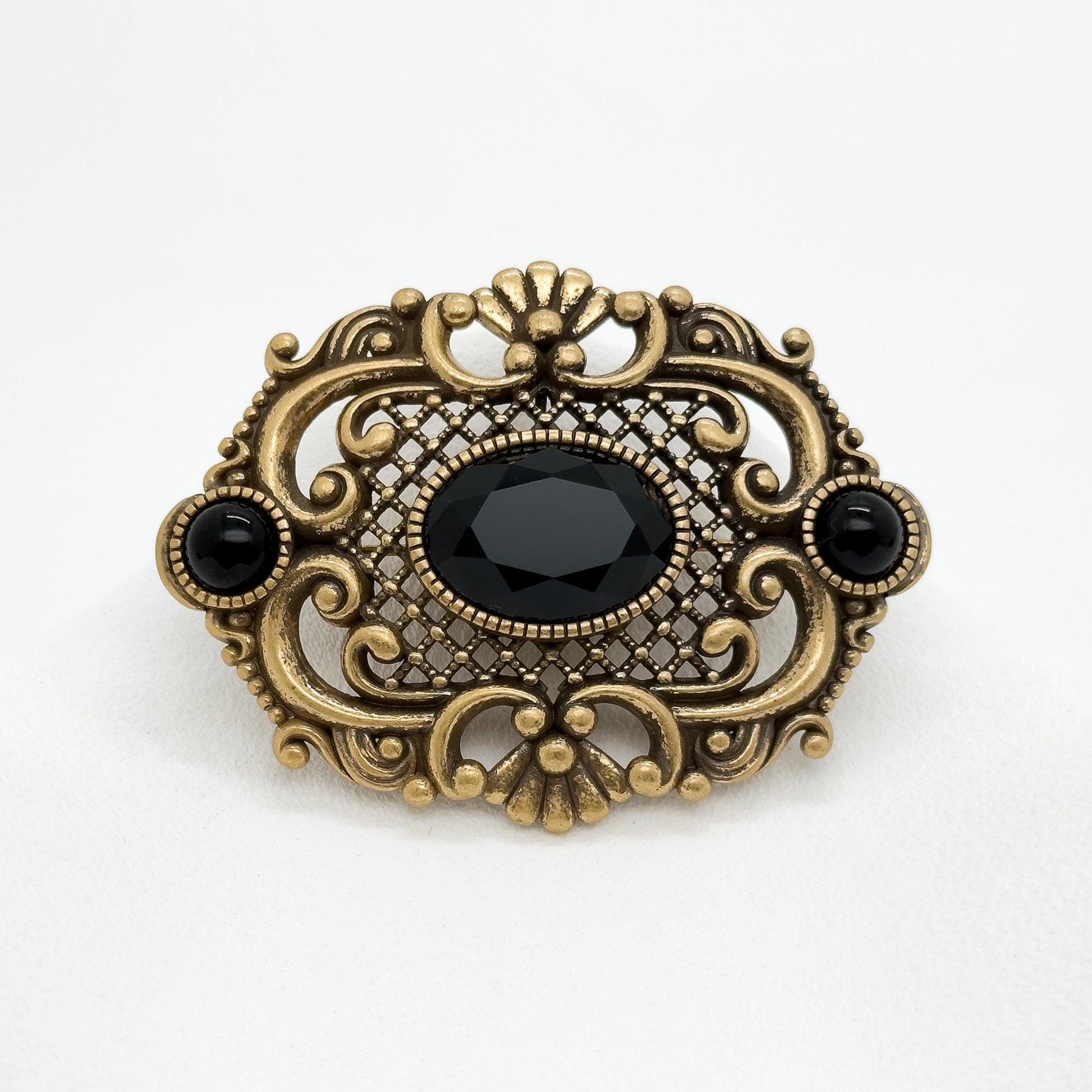 Art Deco Black Crystal Leaf Brooch Vintage Copper Glass Pin