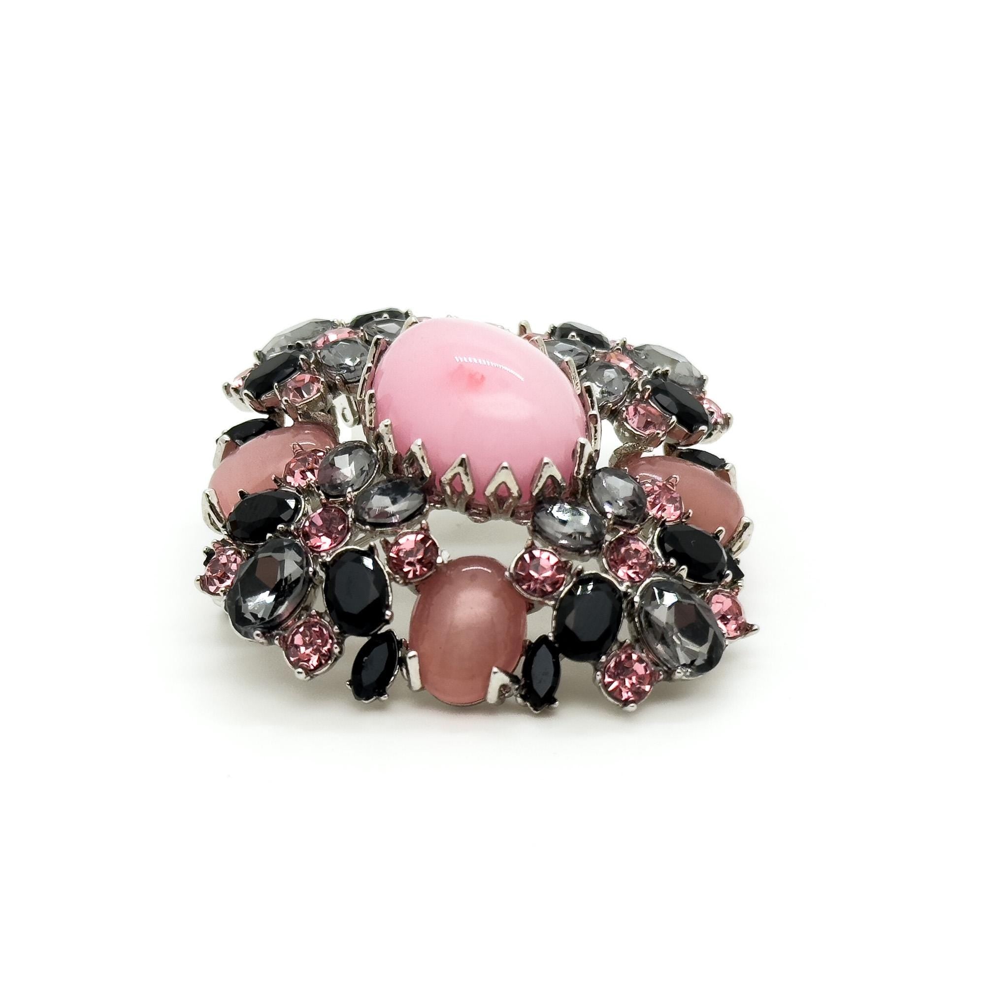 Art Deco Vintage Pink Crystal Brooch with Copper Setting
