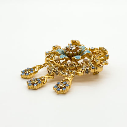 Vintage Art Deco Pearl and Rhinestone Enamel Crown Court Brooch