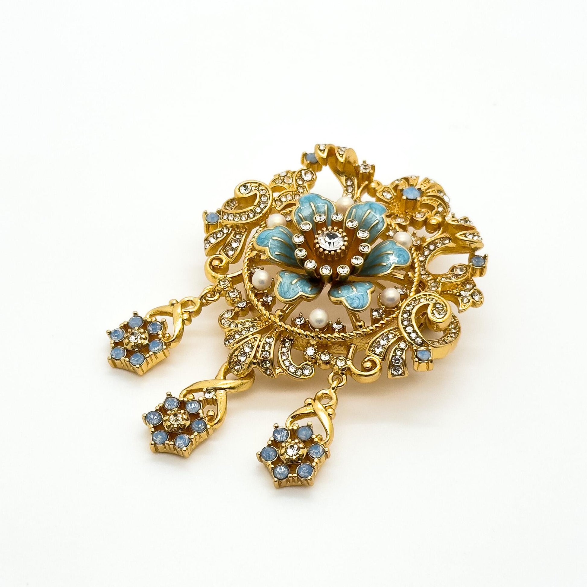 Vintage Art Deco Pearl and Rhinestone Enamel Crown Court Brooch
