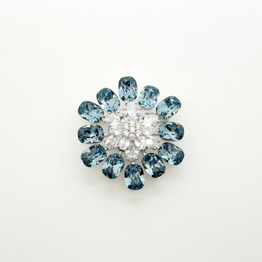 Blue Crystal Flower Brooch, Sparkling Zircon Copper Suit Brooch